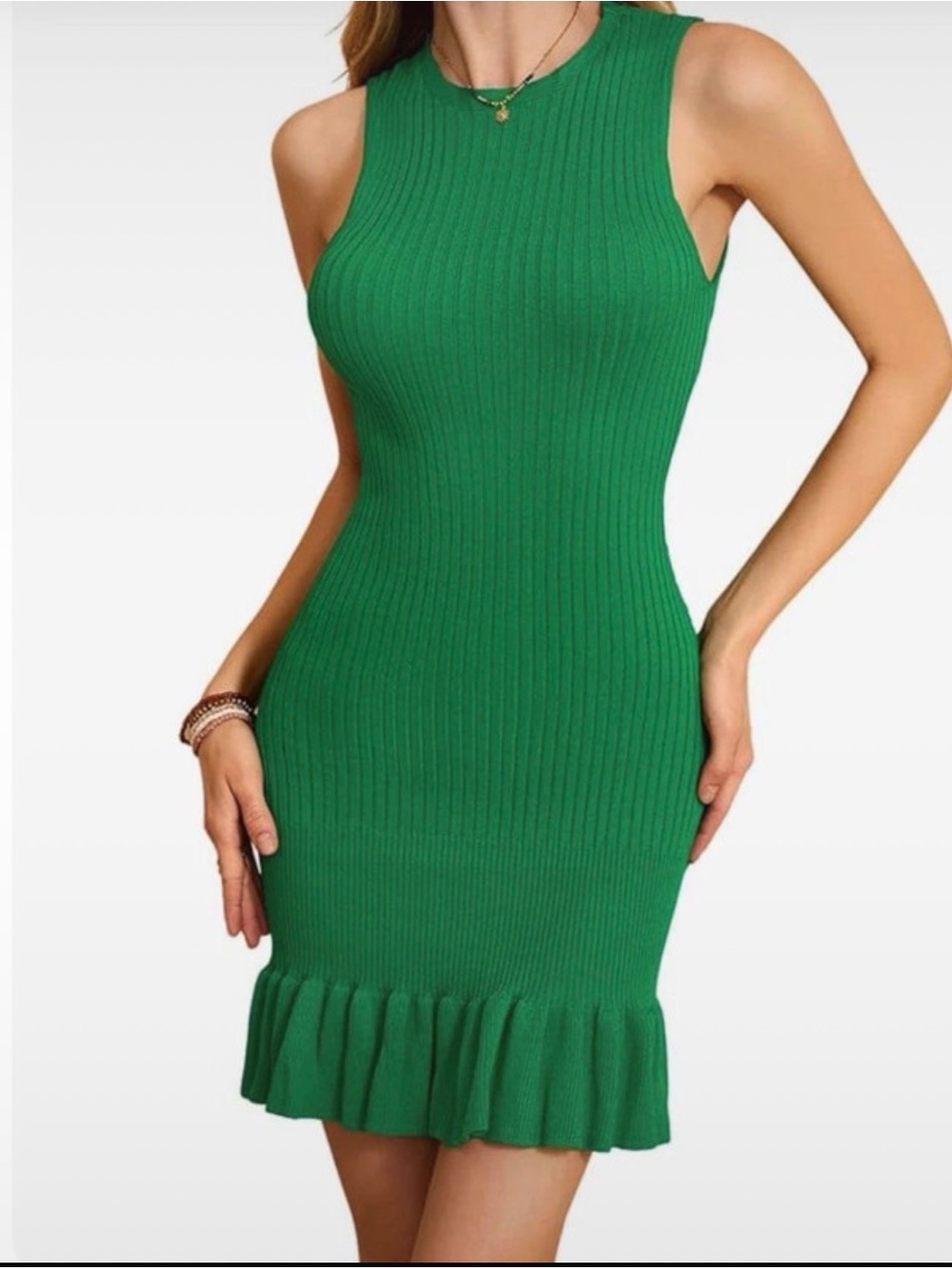 Sleeveless Green Ribbed Knit Dress with Ruffle Hem